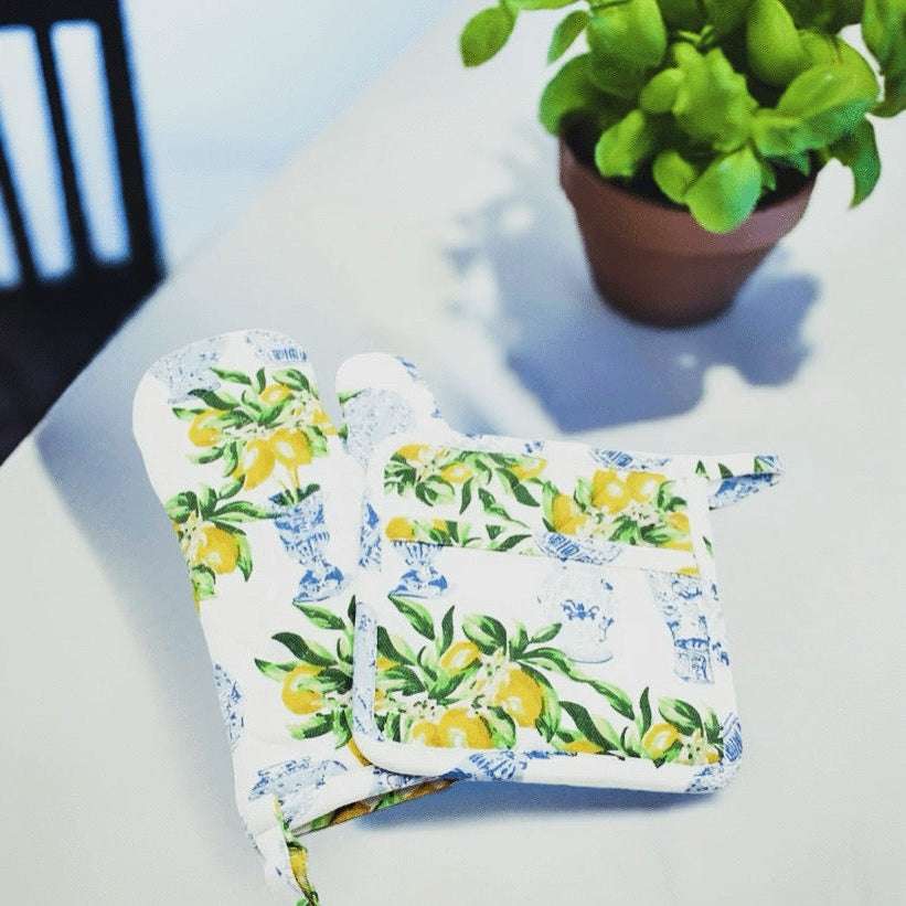 Set of Amalfi Lemon Ginger kitchen towels  with lemon and ginger floral motifs, ideal for Mediterranean-style home decor