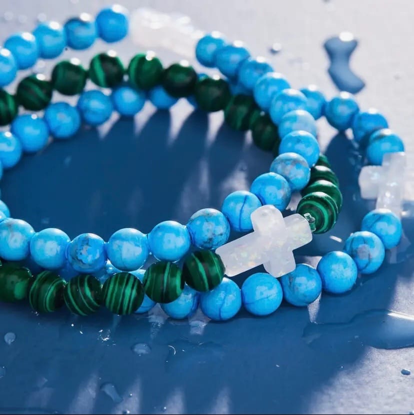 Blue Howlite Holy Water Cross Bracelet
