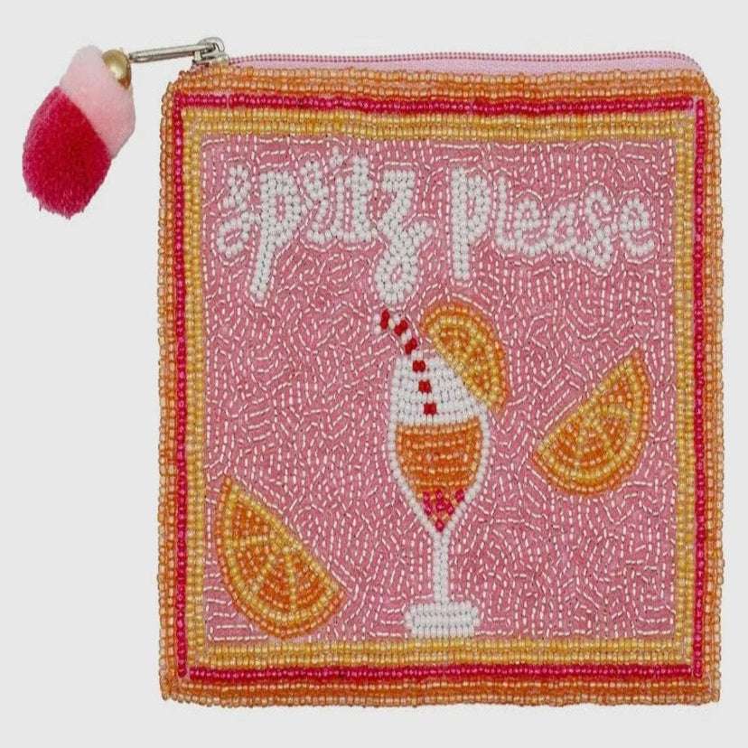 Hand-beaded 'Sprit Please' coin purse with colorful cocktail design, perfect for gifting or carrying small essentials with flair
