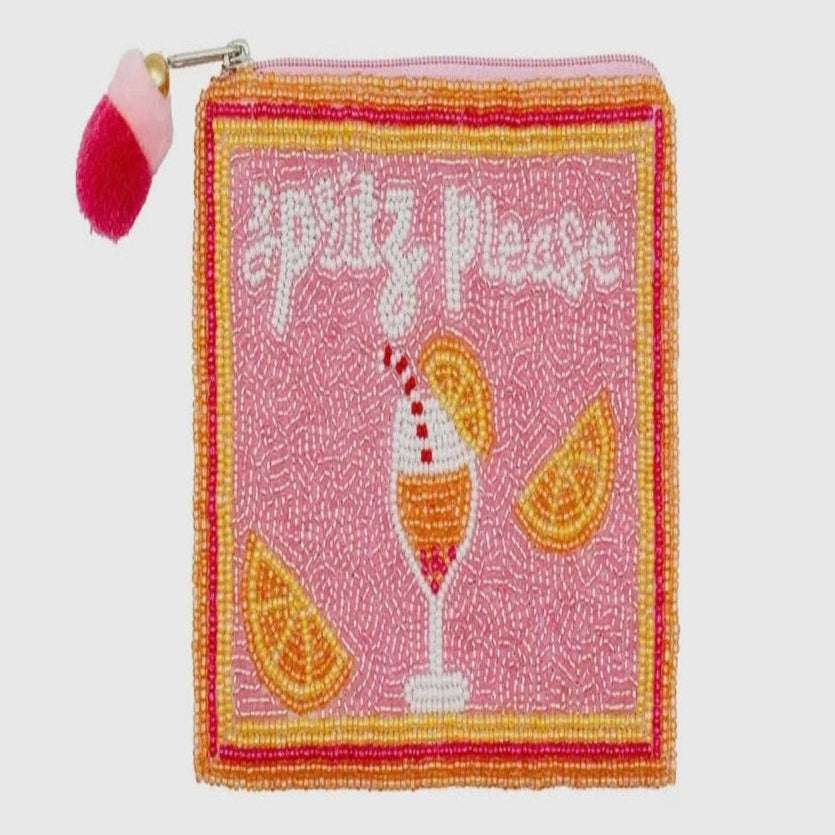 Hand-beaded 'Sprit Please' coin purse with colorful cocktail design, perfect for gifting or carrying small essentials with flair