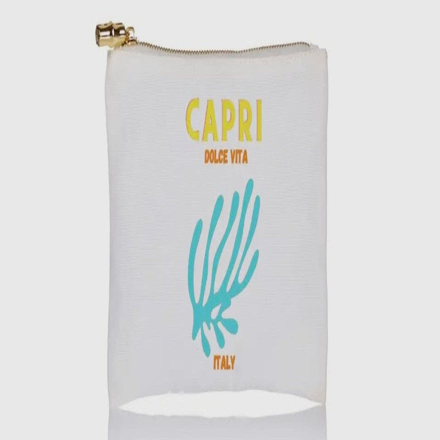 Capri-themed zippered cosmetic bag featuring the words 'Capri Dolce Vita Italy,' and blue coral accent- perfect for travel or everyday essentials