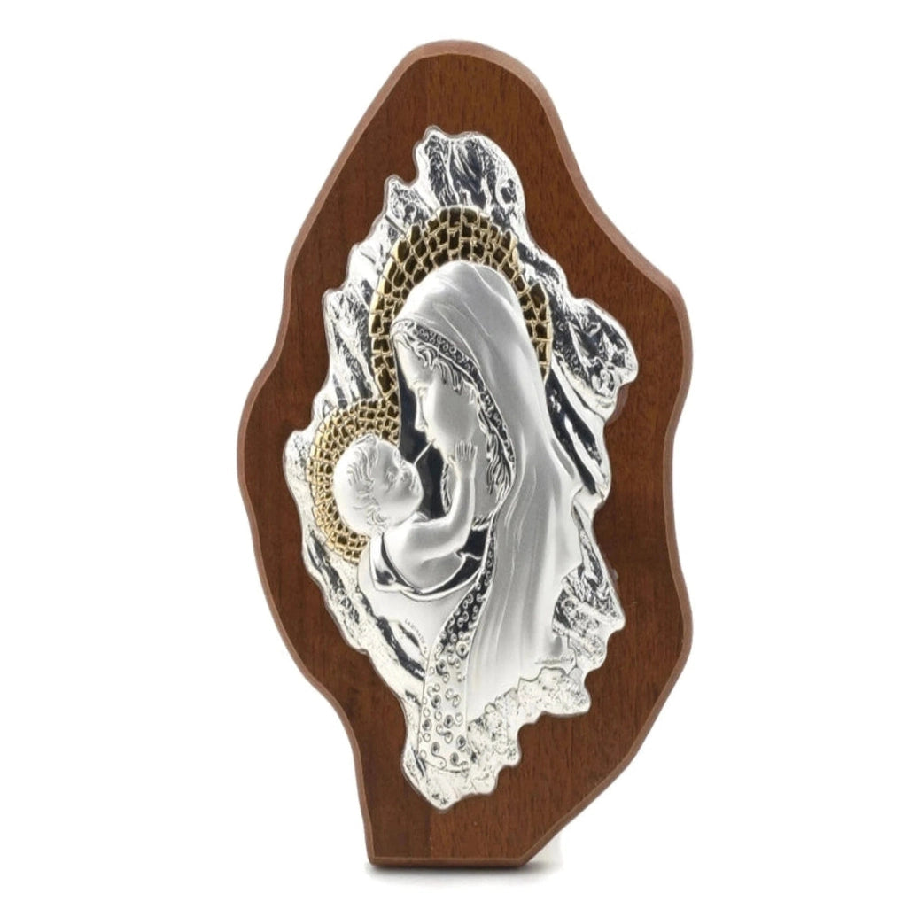 Delicate tabletop statue of the Blessed Mother Mary holding baby Jesus, painted in soft tones and perfect for home altars or devotional spaces