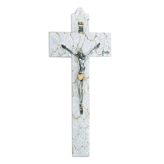 Elegant Murano glass crucifix in white with gold accents, handcrafted in Italy and ideal for display as a meaningful faith-based decor piece