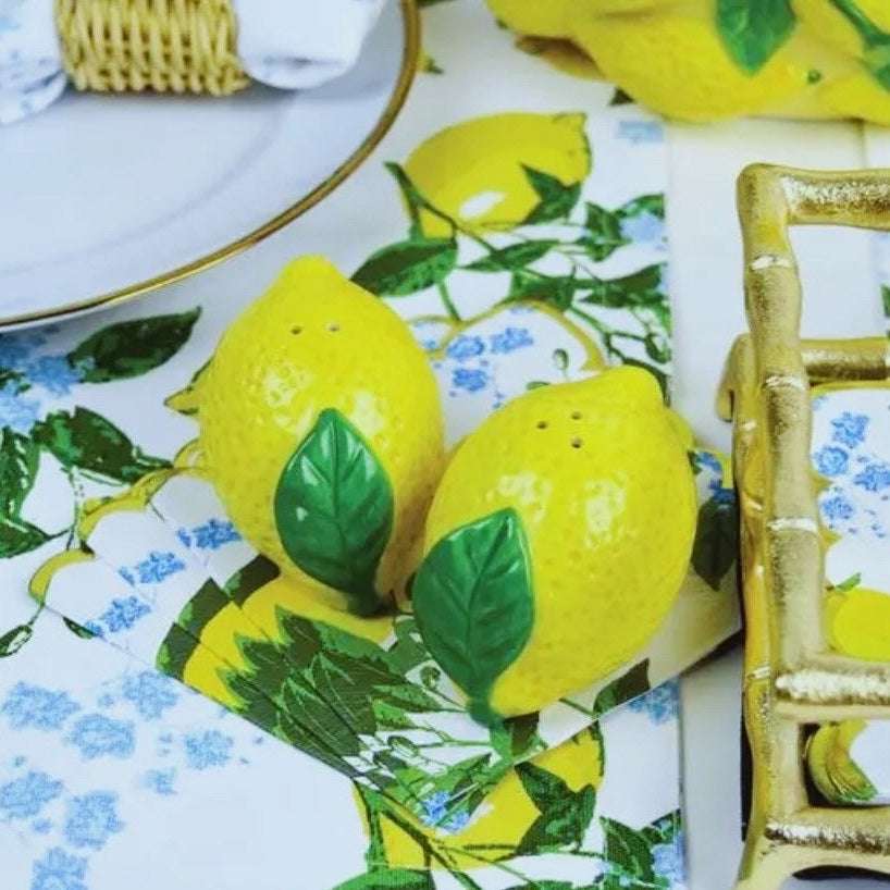 Amalfi Lemon ceramic salt and pepper shaker set with vibrant hand-painted lemon design inspired by the Amalfi Coast