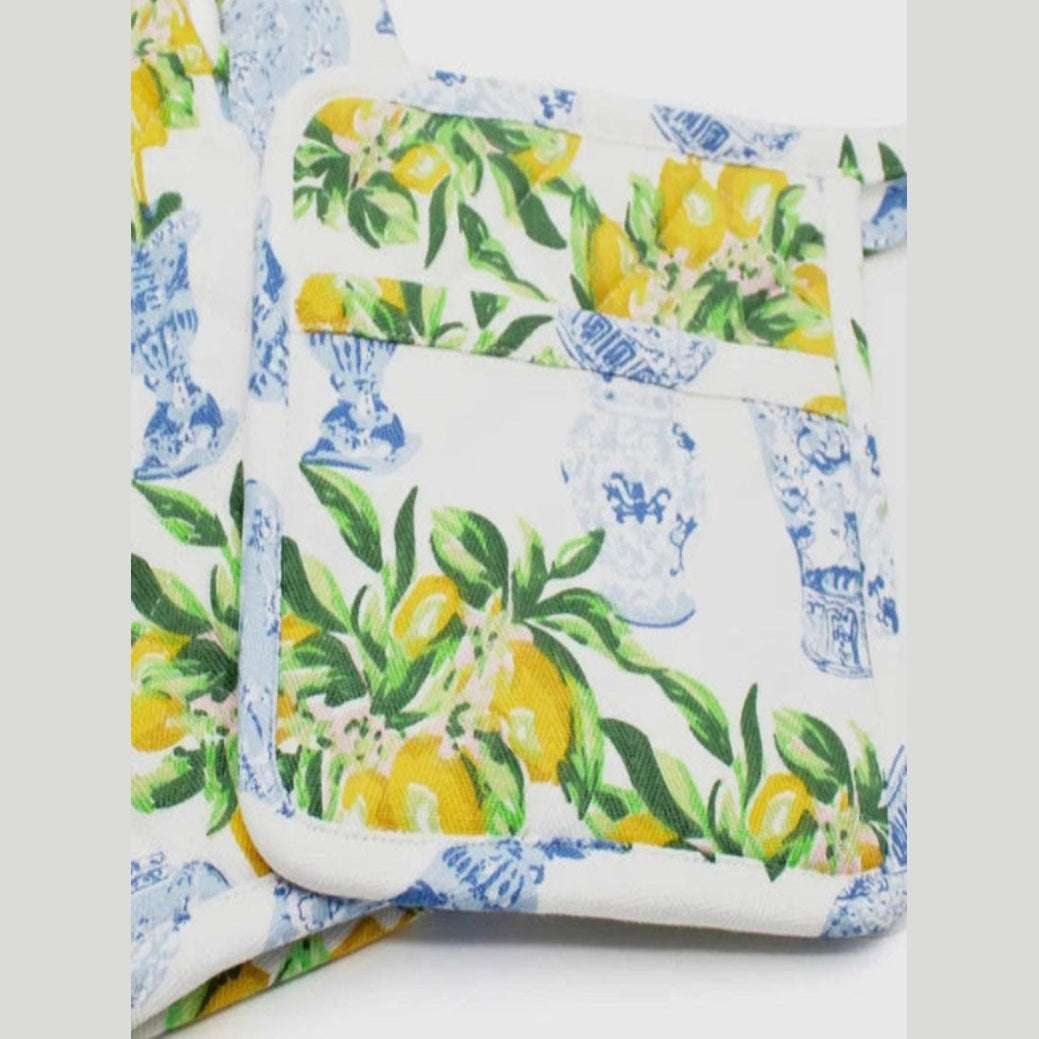 Set of Amalfi Lemon Ginger kitchen towels  with lemon and ginger floral motifs, ideal for Mediterranean-style home decor
