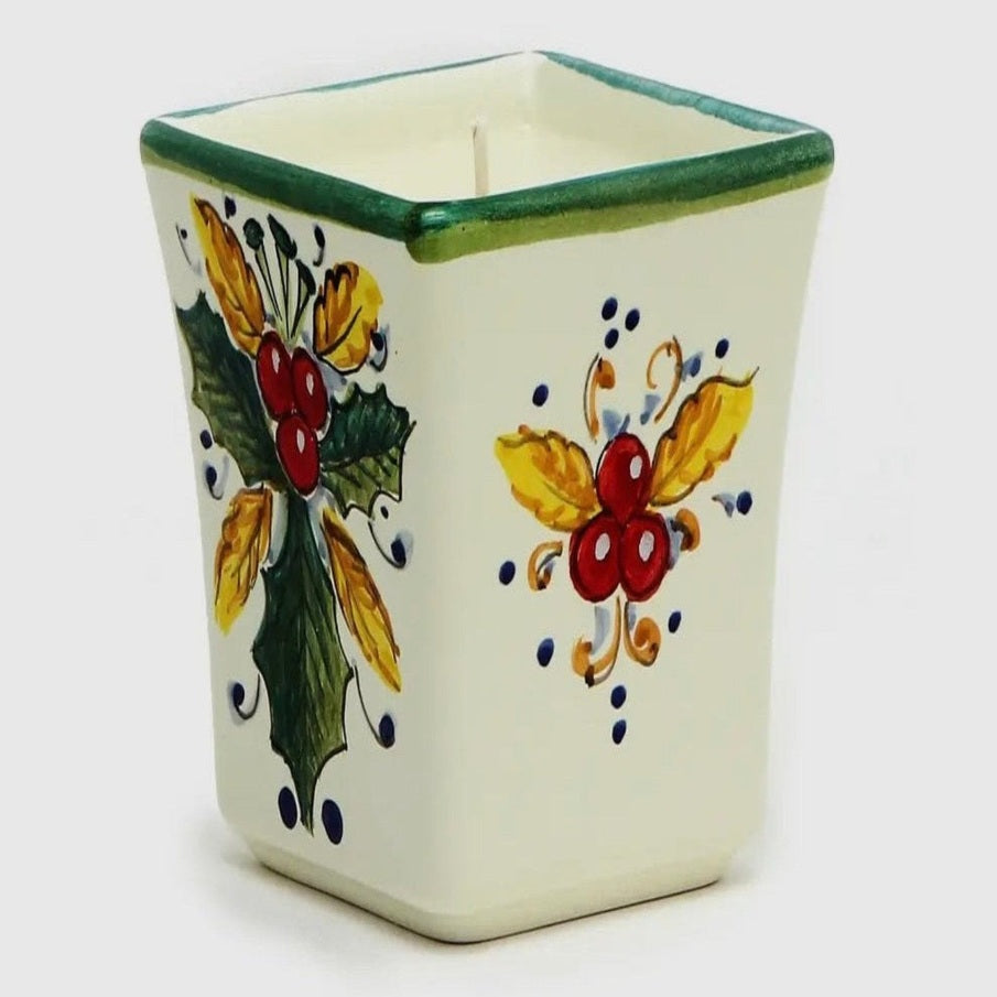 Positano Holly Leaves Candle- hand-poured holiday candle with a festive Positano-inspired design, featuring holly leaves and warm seasonal fragrance
