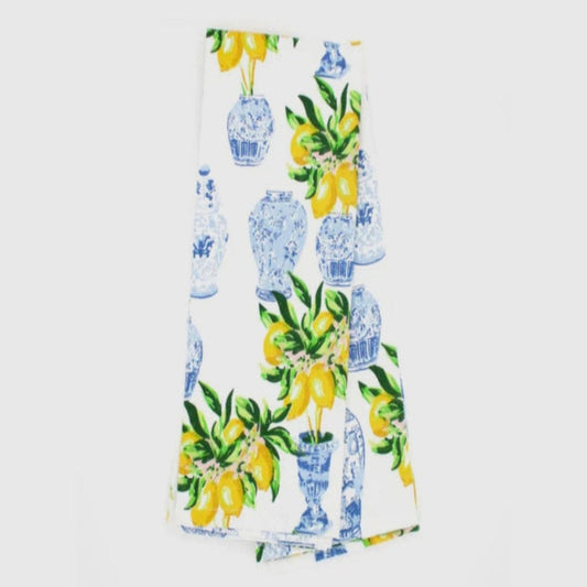 Pair of Amalfi Lemon Ginger kitchen towels with lemon and ginger floral motifs, ideal for Mediterranean-style home decor