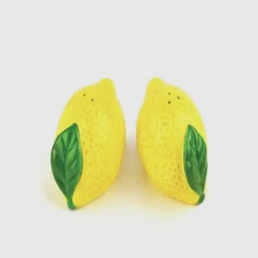 Amalfi Lemon ceramic salt and pepper shaker set with vibrant hand-painted lemon design inspired by the Amalfi Coast