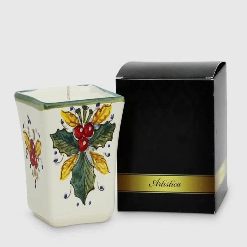 Positano Holly Leaves Candle- hand-poured holiday candle with a festive Positano-inspired design, featuring holly leaves and warm seasonal fragrance