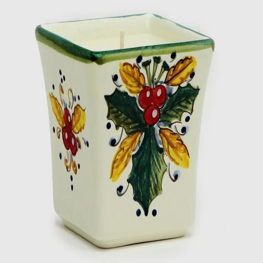 Positano Holly Leaves Candle- hand-poured holiday candle with a festive Positano-inspired design, featuring holly leaves and warm seasonal fragrance