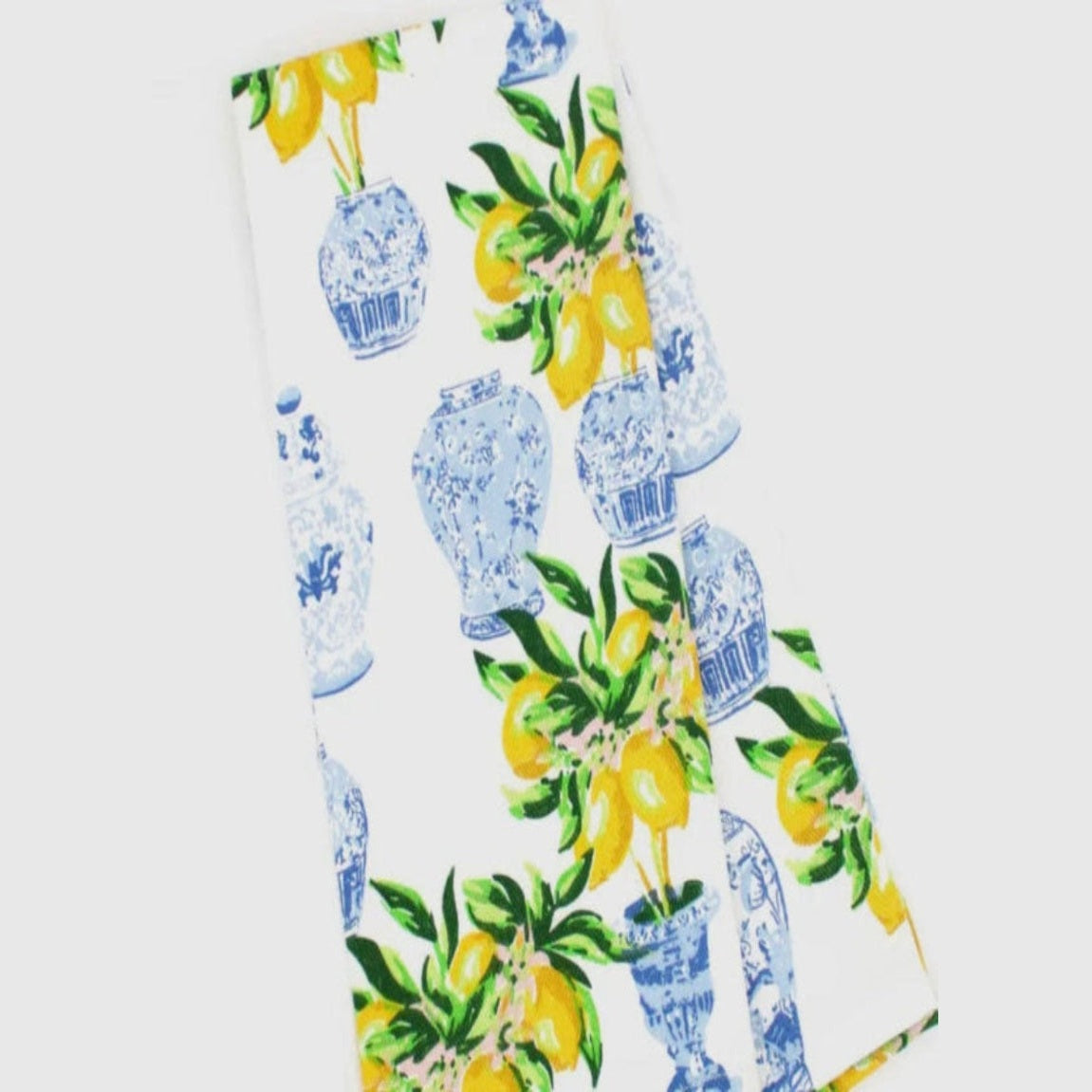 Pair of Amalfi Lemon Ginger kitchen towels with lemon and ginger floral motifs, ideal for Mediterranean-style home decor
