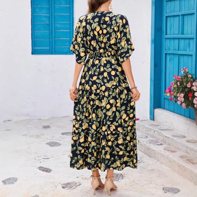 Tiered Lemon Print Vacation Resort Maxi Dress