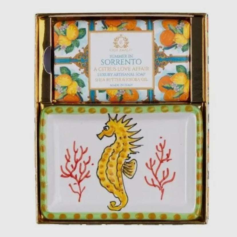 Summer in Sorrento Gift Box from Casa Amalfi- citrus-themed Italian gift set featuring luxury citrus soap and hand-painted Sorrento-inspired pottery soap tray