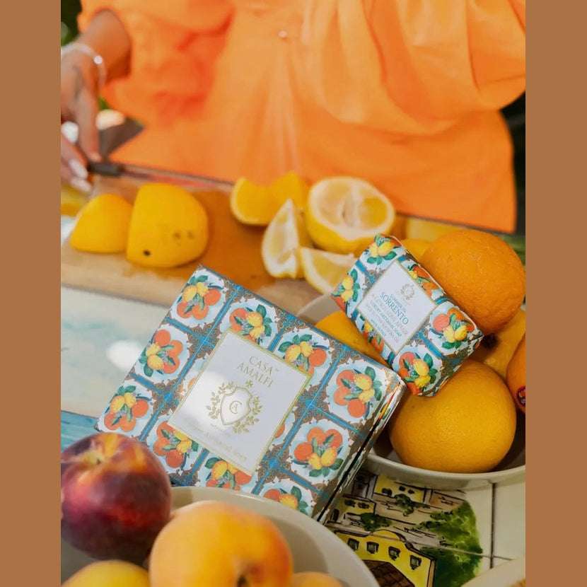 Summer in Sorrento Gift Box from Casa Amalfi- citrus-themed Italian gift set featuring luxury citrus soap and hand-painted Sorrento-inspired pottery soap tray