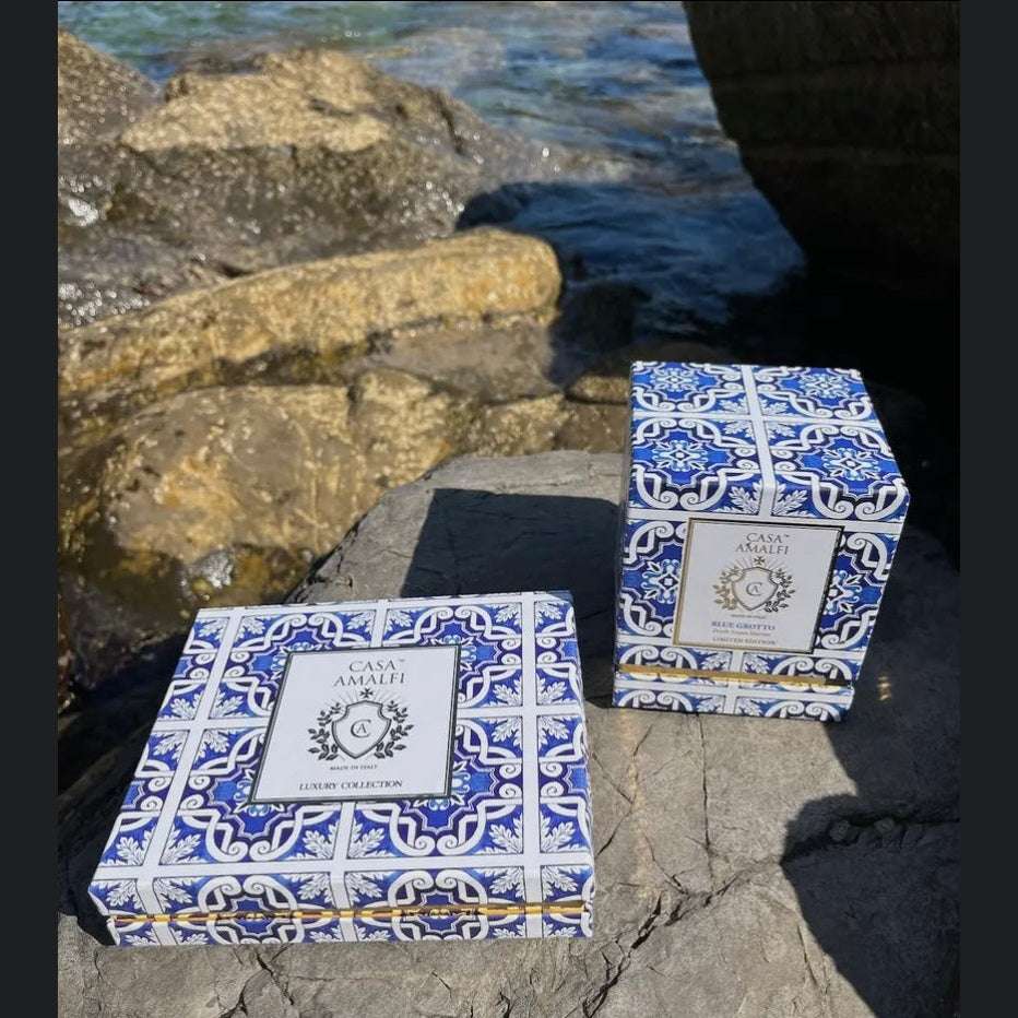 Blue Grotto Gift Box- Capri inspired Italian gift set from Casa Amalfi with ocean blue luxury soap and hand-painted pottery soap tray evoking the Blue Grotto