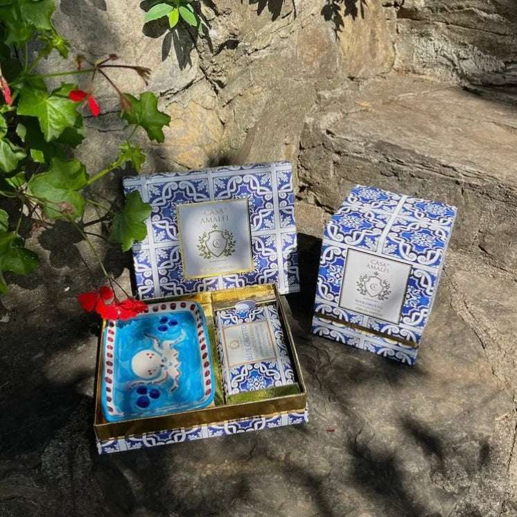 Blue Grotto Gift Box- Capri inspired Italian gift set from Casa Amalfi with ocean blue luxury soap and hand-painted pottery soap tray evoking the Blue Grotto