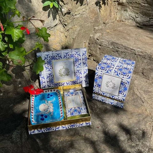 Blue Grotto Gift Box- Capri inspired Italian gift set from Casa Amalfi with ocean blue luxury soap and hand-painted pottery soap tray evoking the Blue Grotto