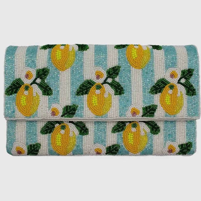 Amalfi Lemon Blue Striped Beaded Clutch