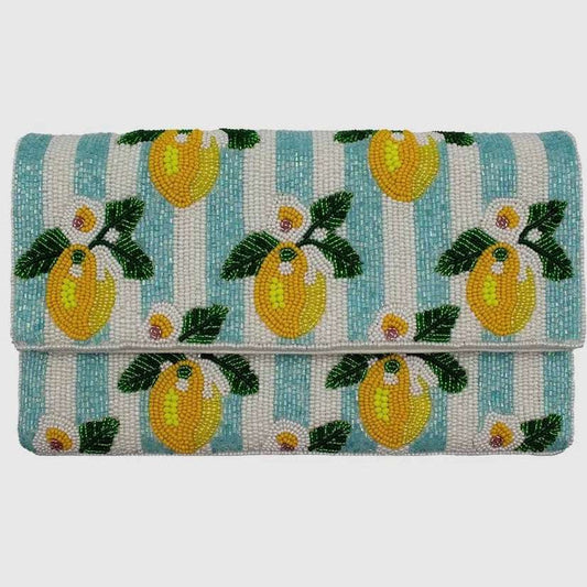 Amalfi Lemon Blue Striped Beaded Clutch