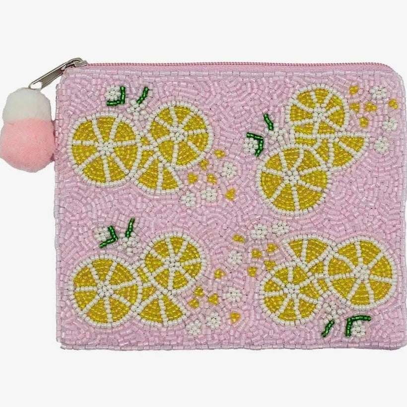 Pink Beaded Lemon Coin Purse