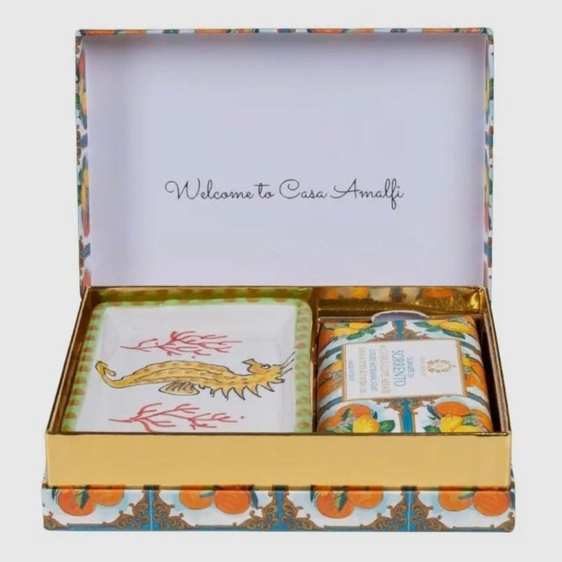 Summer in Sorrento Gift Box from Casa Amalfi- citrus-themed Italian gift set featuring luxury citrus soap and hand-painted Sorrento-inspired pottery soap tray
