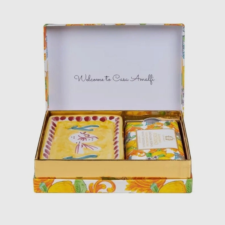 Buongiorno Positano Gift Box- Italian gift box from Casa Amalfi luxury citrus soap, and Positano-style ceramic soap tray
