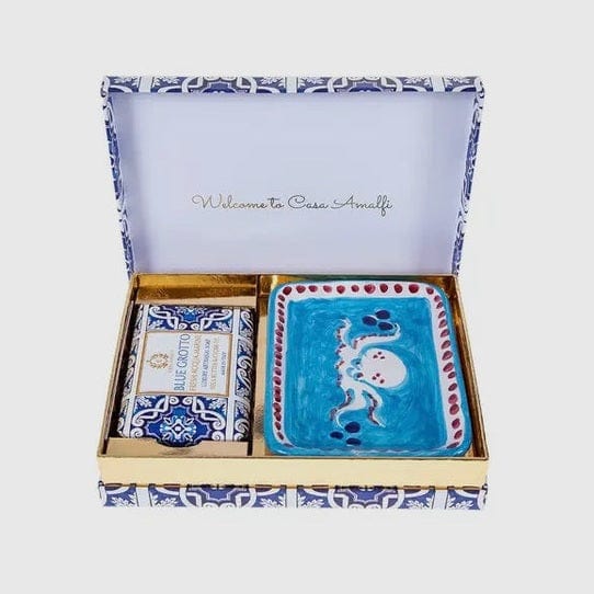 Blue Grotto Gift Box- Capri inspired Italian gift set from Casa Amalfi with ocean blue luxury soap and hand-painted pottery soap tray evoking the Blue Grotto