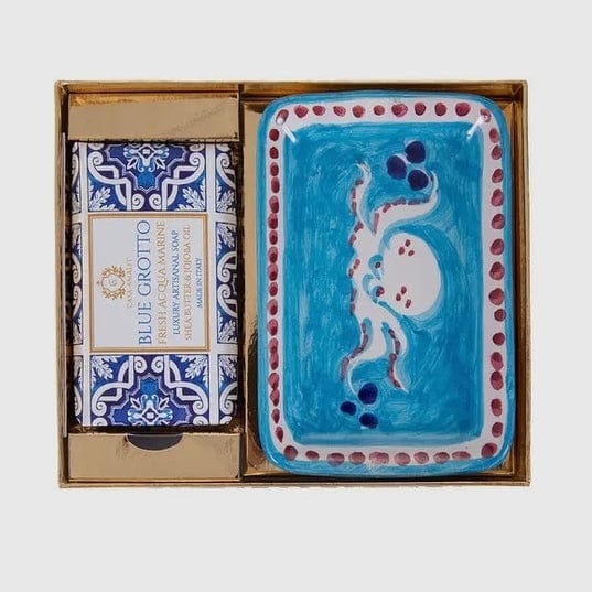 Blue Grotto Gift Box- Capri inspired Italian gift set from Casa Amalfi with ocean blue luxury soap and hand-painted pottery soap tray evoking the Blue Grotto