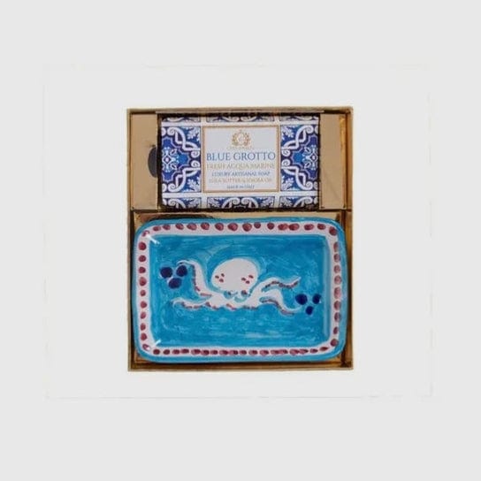 Blue Grotto Gift Box- Capri inspired Italian gift set from Casa Amalfi with ocean blue luxury soap and hand-painted pottery soap tray evoking the Blue Grotto