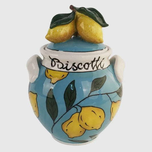 Ceramic cookie jar with lemon design and 'Biscotti' text on a white background