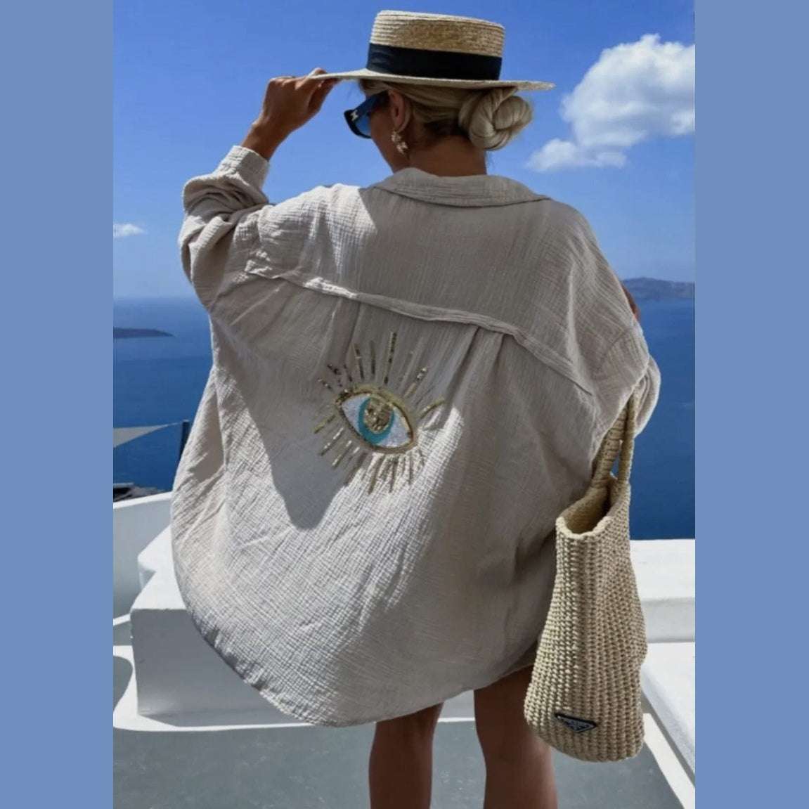 Oversized Evil Eye Gauze Cotton Button Shirt