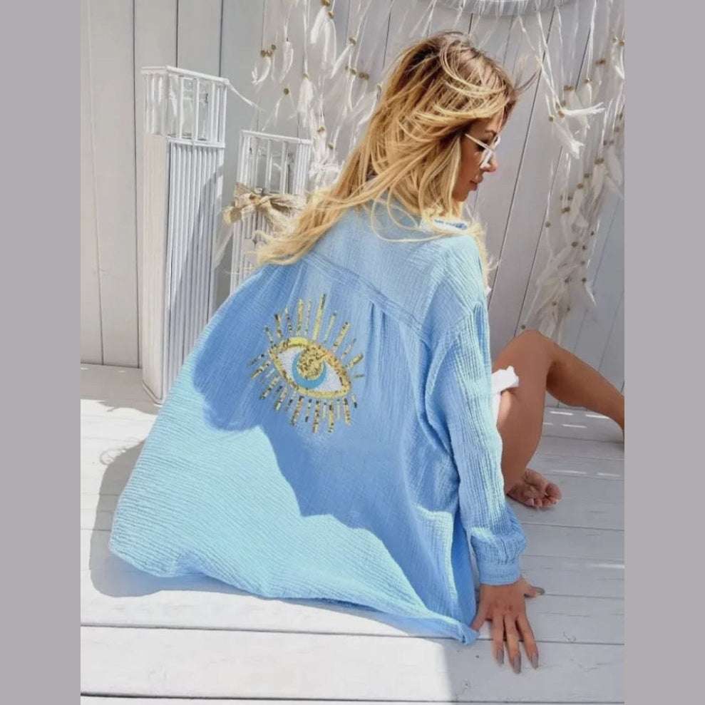 Oversized Evil Eye Gauze Cotton Button Shirt