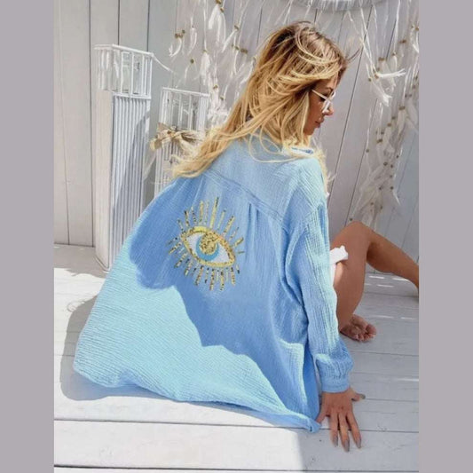 Oversized Evil Eye Gauze Cotton Button Shirt