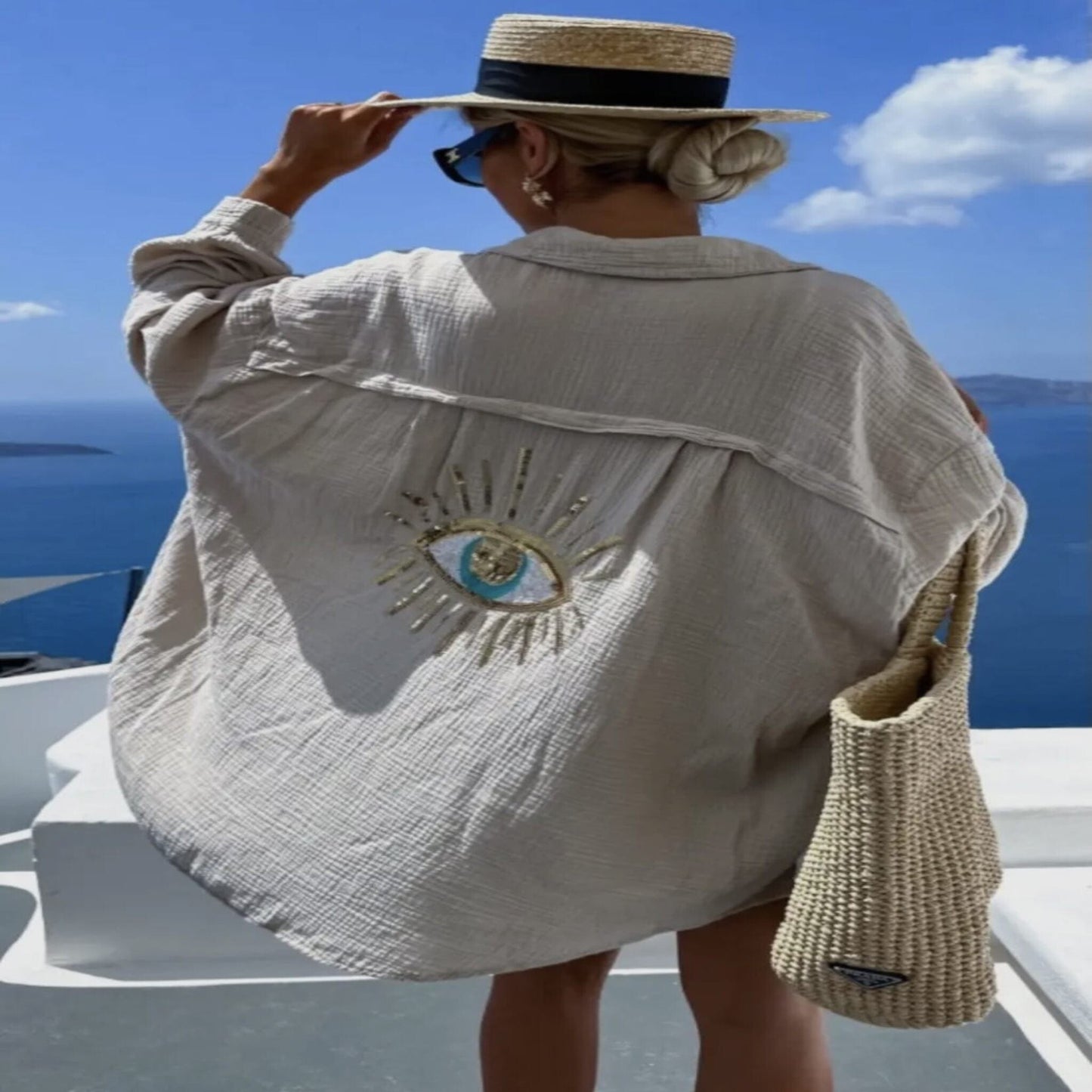 Oversized Evil Eye Gauze Cotton Button Shirt