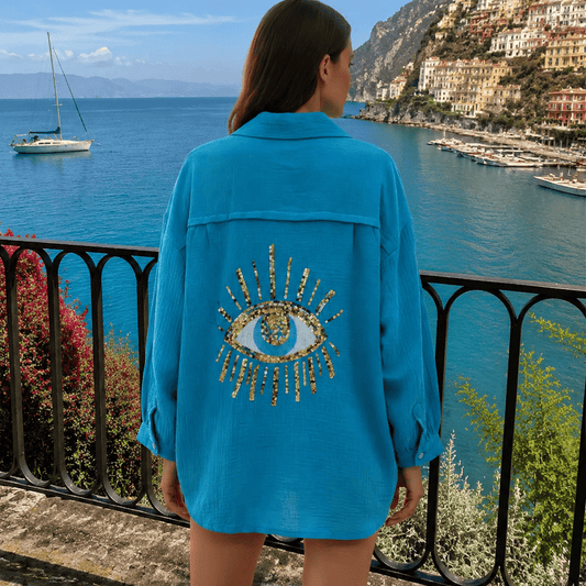 Oversized Evil Eye Gauze Cotton Button Shirt
