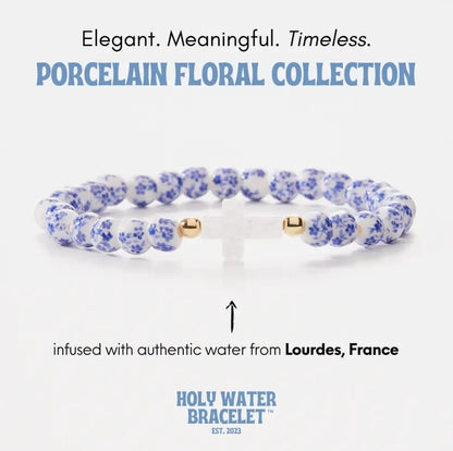Blue & White Porcelain Floral Holy Water Cross Bracelet