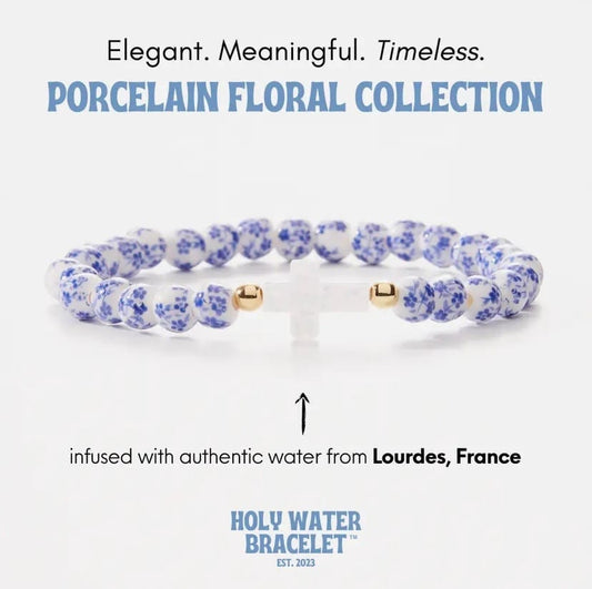 Blue & White Porcelain Floral Holy Water Cross Bracelet