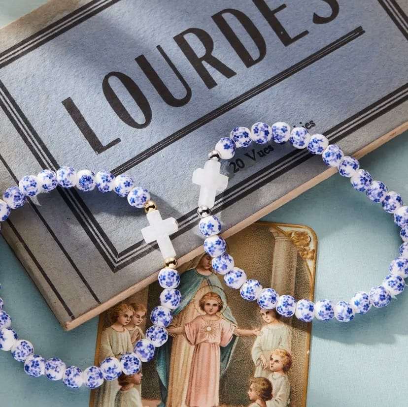 Blue & White Porcelain Floral Holy Water Cross Bracelet