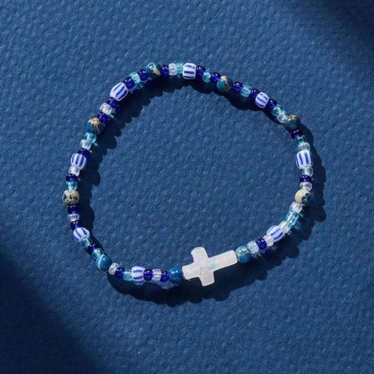 Blue Howlite Holy Water Cross Bracelet