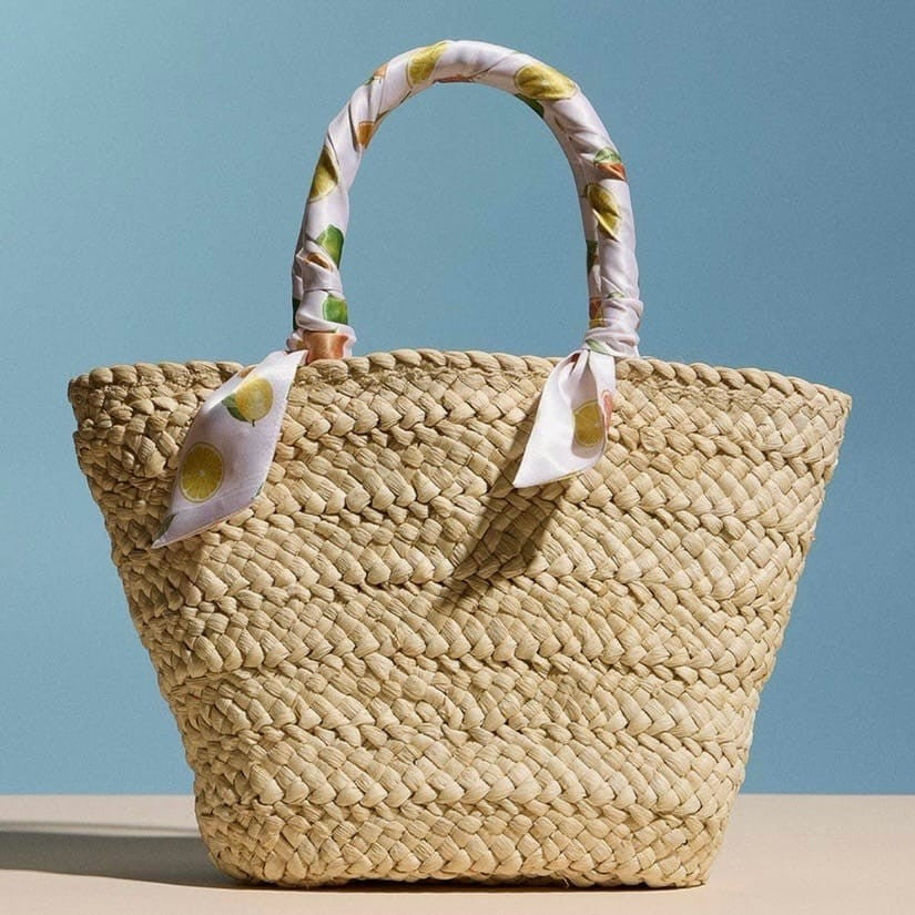 Lemon & Orange Print Scarf Raffia Tote Bag