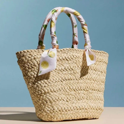 Lemon & Orange Print Scarf Raffia Tote Bag