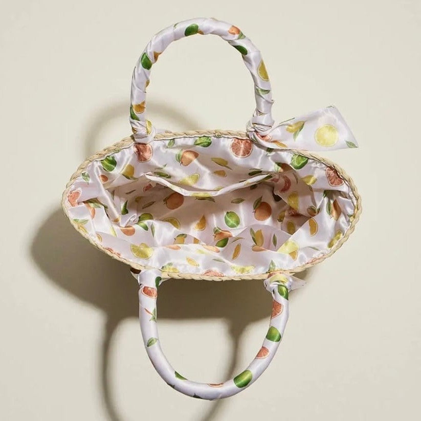 Lemon & Orange Print Scarf Raffia Tote Bag
