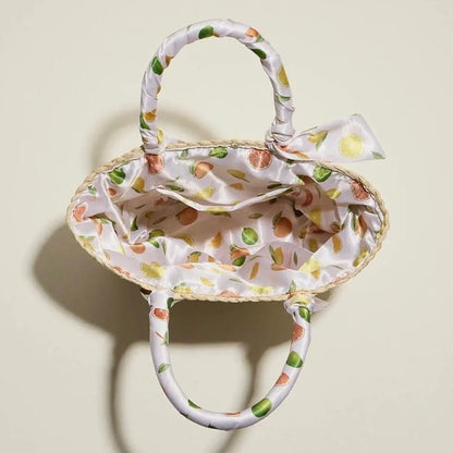 Lemon & Orange Print Scarf Raffia Tote Bag