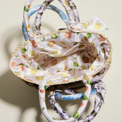 Lemon & Orange Print Scarf Raffia Tote Bag