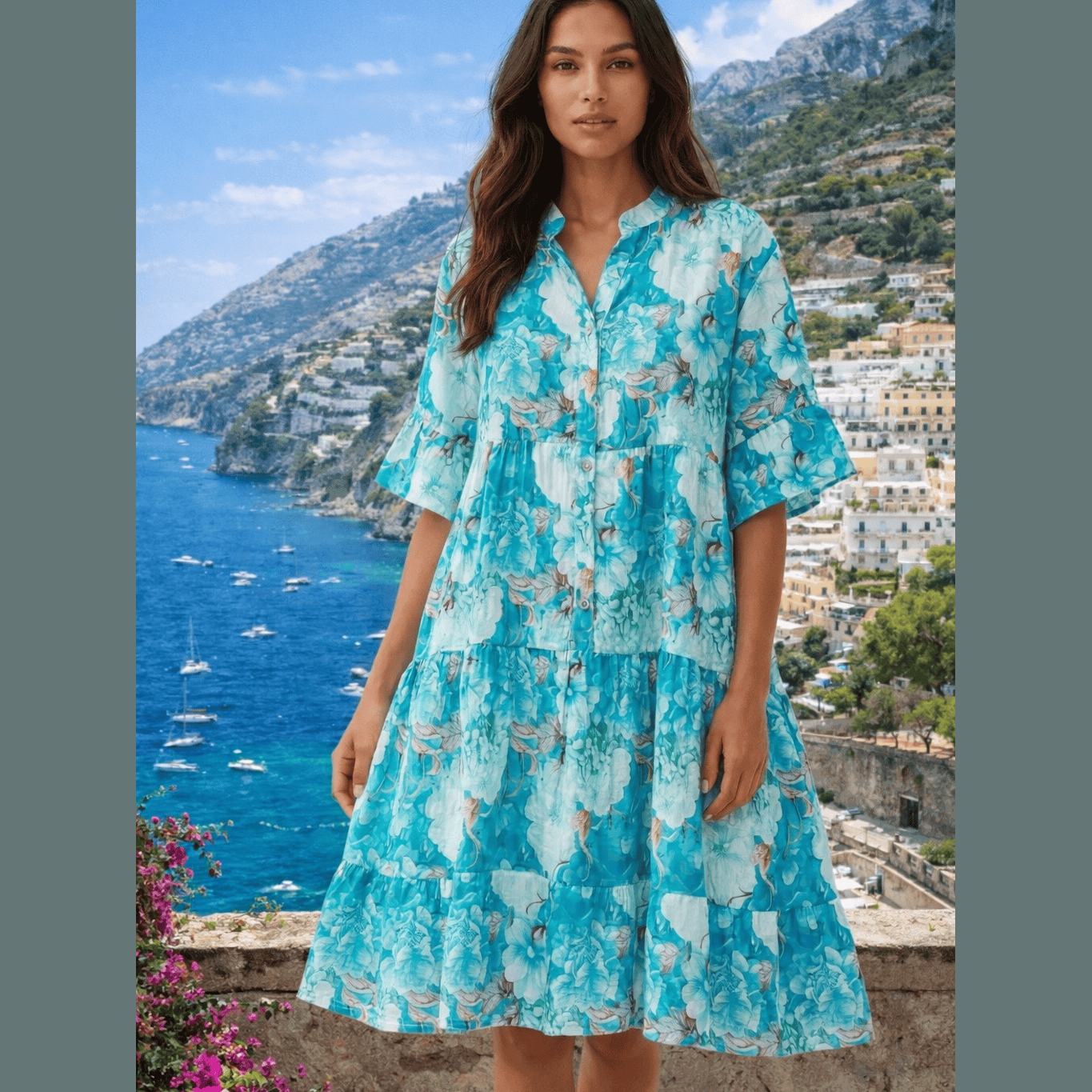 Amalfi Turquoise Floral Tiered Dress