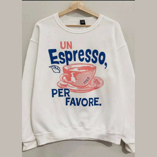 Cream unisex Italian Espresso sweatshirt with 'Un espresso per favore' graphic, relaxed oversized fit with Italian flair