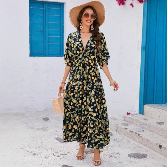 Tiered Lemon Print Vacation Resort Maxi Dress