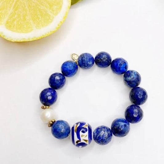 Lapis with Hand-Painted Ceramic Bracelet