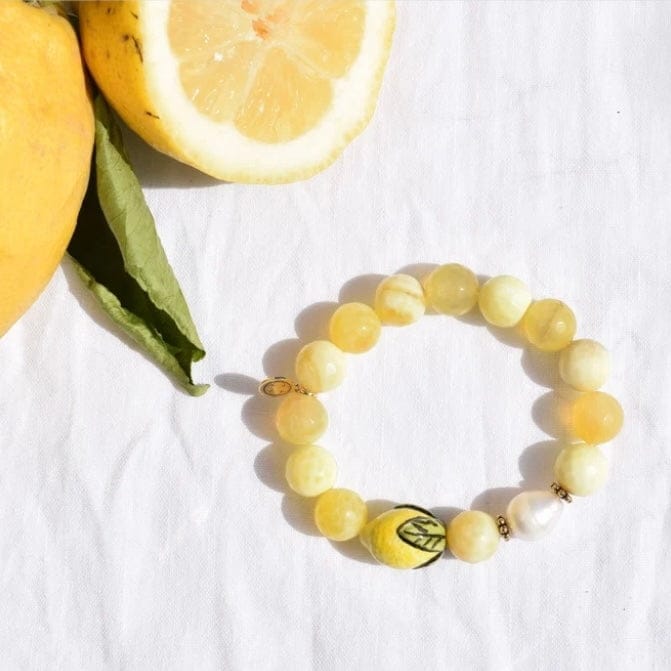 Yellow Agate with Hand-Painted Ceramic Lemon Bracelet