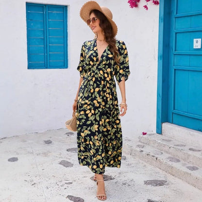 Tiered Lemon Print Vacation Resort Maxi Dress